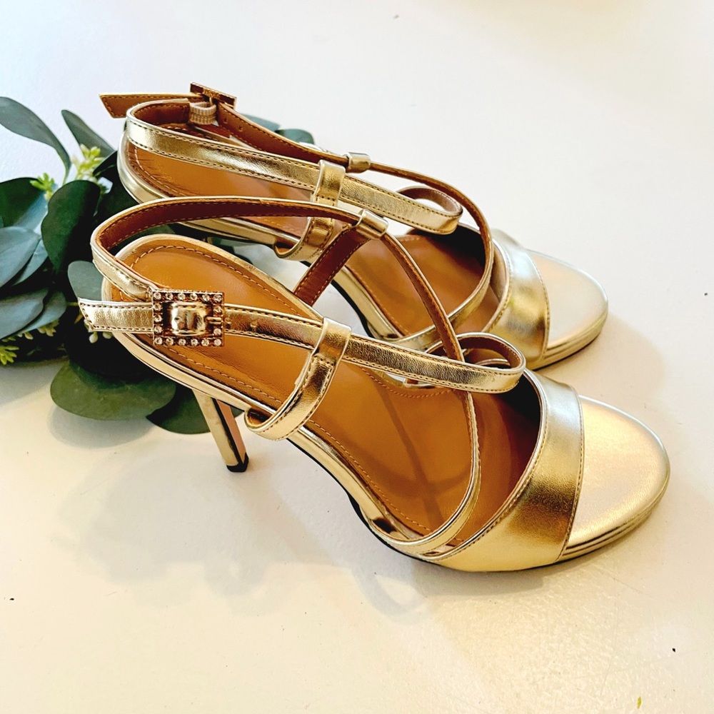 JiaBinji Gold Strappy Open Toe Heeled Sandals